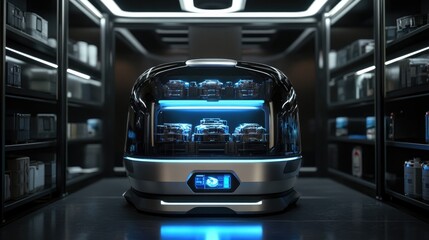 Obraz premium A futuristic robotic warehouse system organizing inventory with precision.