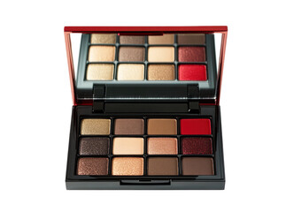 Opened eyeshadow palette with earthy tones and shimmer finish