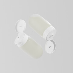 Upside down bottle mockup, Squeeze Lotion Bottle with Flip Top Cap packaging, cylindrical liquid containers, front view of inverted shampoo bottle mockup, translucent plastic cosmetic bottle mockup