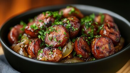 Savory sausages, caramelized onions, and fresh herbs nestled in a black bowl atop rustic wood. A delicious, comforting scene