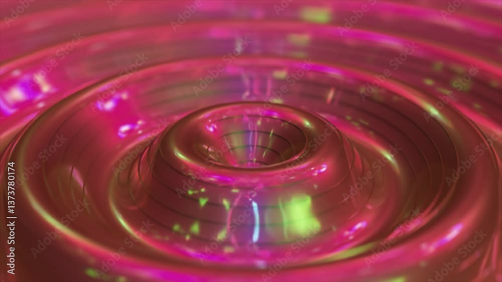 Poster iridescent metallic concentric ripples pulsing in pink and green, generating mesmerizing visual dyna