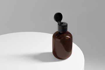 amber glass liquid skincare and cosmetic bottle, short cylindrical packaging mockup, flip top cap...