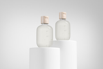 Clear plastic bottle with wooden cap, small cylindrical bottle mockup, organic essentials oil packaging, short liquid skincare and cosmetic bottle, flip top cap liquid container display on podium