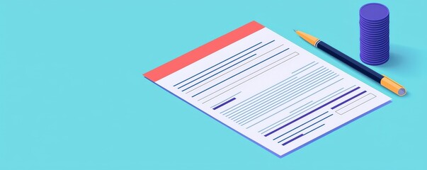 Income Tax return system concept. Document with pen and coins on a blue background.