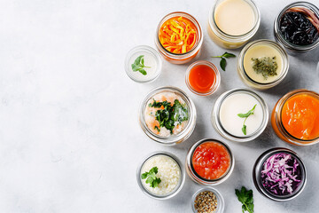 Colorful display of fermented foods in glass jars representing healthy probiotic cuisineb