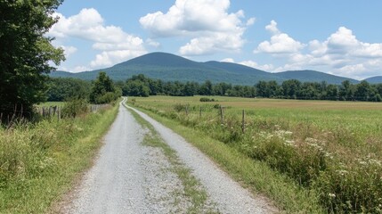 Fototapeta premium A long gravel road stretching across a remote countryside with rolling hills.