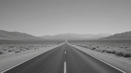 Fototapeta premium A long, straight desert road stretching into the horizon, surrounded by sand dunes.