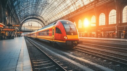 Naklejka premium A modern train station with sleek architecture and a glass ceiling.