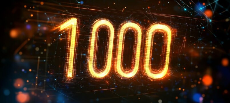 Abstract Futuristic Glowing Orange Number 1000 with Particles on a Digital Technology Background