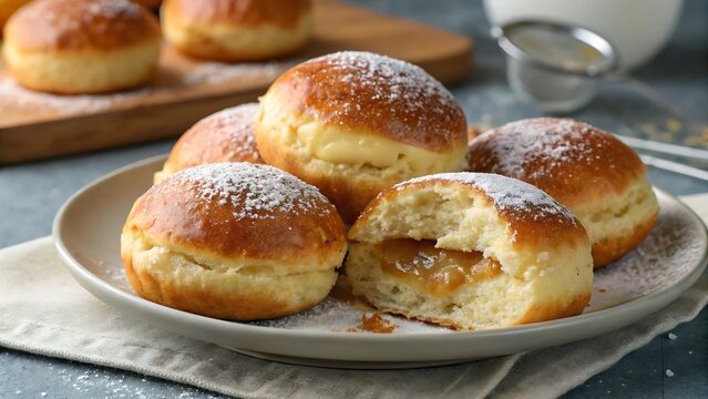 Golden-Brown Stuffed Sweet Buns on a Plate