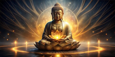Buddha figure seated on a lotus flower with a glowing light in his hands surrounded by golden rings and a mystical aura in a dark background
