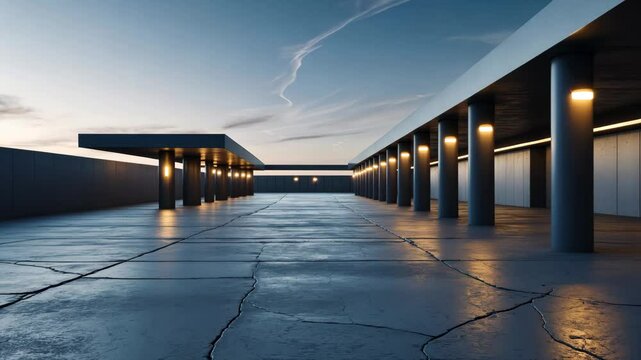 3D rendering of architectural design featuring a car park and vacant cement flooring.