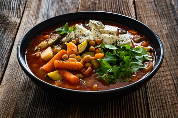 Fresh vegetable soup with chickpeas, feta cheese and cilantro on wooden table