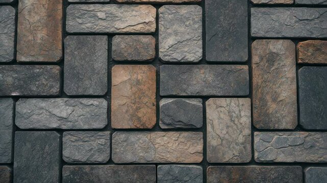 Gray and brown stone paver tiles in various shapes for exterior pavement. Texture and background.