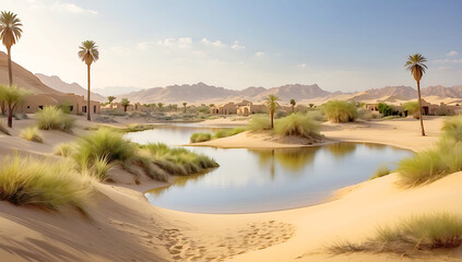 Fototapeta premium A serene desert oasis scene ,features a small cluster of lush green palm trees and vegetation situated on a sandy island surrounded by calm, reflective water