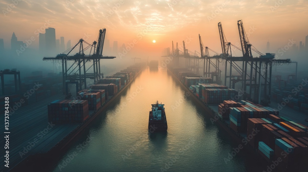 Poster a shipping yard with cranes loading and unloading cargo containers.