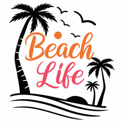 Obraz premium Beach Life: Palm Trees, Ocean Waves, and Sunset Silhouette Design