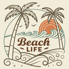 Beach Life Themed Vector Illustration With Palm Trees Waves And Sun