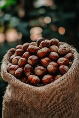 Freshly Harvested Chestnuts in Burlap Sack, Autumn Harvest, Farm Fresh Produce, Organic Food