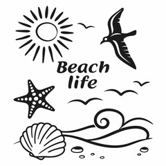 Summer Beach Life: Sun, Seagull, Starfish, Seashell Illustration