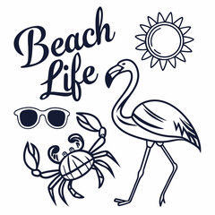 Summer Beach Life Graphic Design: Flamingo, Crab, Sunglasses, Sun
