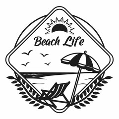 Beach Life Summer Vacation Badge: Deck Chair, Umbrella, Ocean View