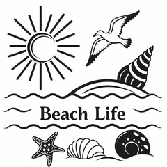 Beach Life: Sun, Seagull, Seashells, and Starfish Illustration