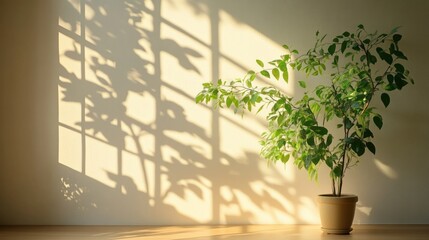 Fototapeta premium Plant in pot casting shadows on wall in bright sunlight