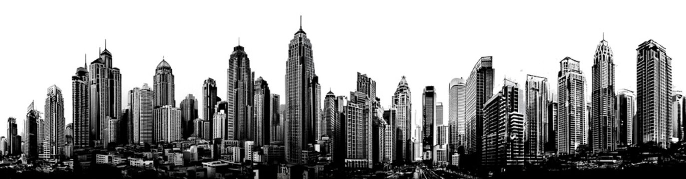 Black and white panorama city with skyscrapers.