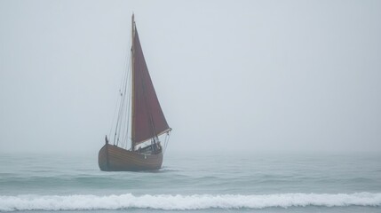 A traditional wooden sailing ship navigating through misty ocean waves.