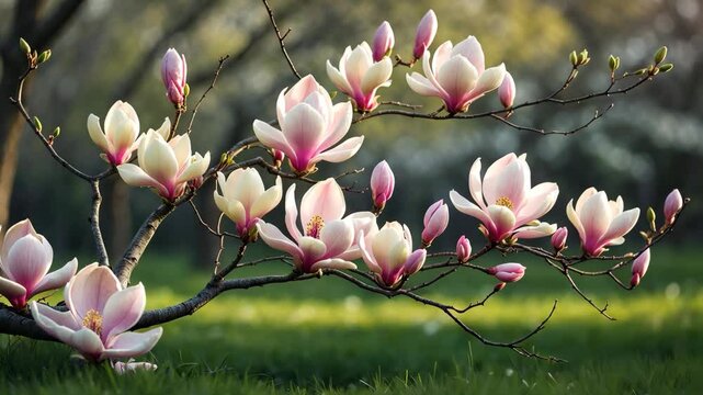 Flowering branches of Saucer magnolia featuring large, early-blooming blossoms in different shades of white, pink, and purple.
