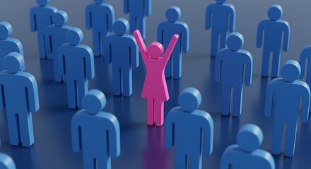 Group of people represented by a set of blue dolls on a reflective dark blue background in which a successful woman in pink stands out in the center with her arms raised