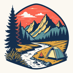 Camping Adventure: Scenic Mountain River and Tent Illustration