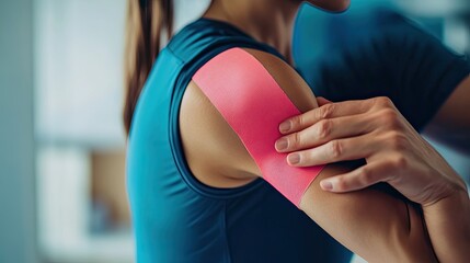 Female athlete applying pink kinesio tape to shoulder: supporting muscles and reducing pain