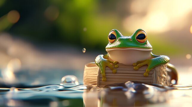 Frog is sitting on a log in a pond. The frog is green and has yellow eyes. The pond is calm and peaceful, with the frog looking relaxed and content - Powered by Adobe