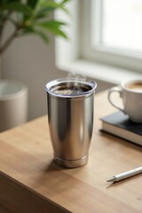 A steaming cup of coffee in a stainless steel travel mug rests on a light wood surface near a notebook and pen