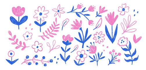 Set of flower kid crayon pencil. Abstract drawn floral elements. Child color crayon chalk botanical plant. Blue and pink colors