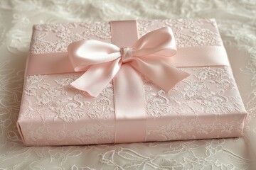 A beautifully wrapped pink gift box with an elegant satin bow tied perfectly on top
