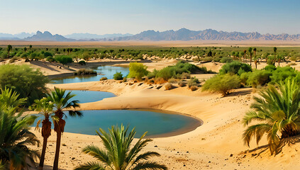 A serene desert oasis scene ,features a small cluster of lush green palm trees and vegetation situated on a sandy island surrounded by calm, reflective water