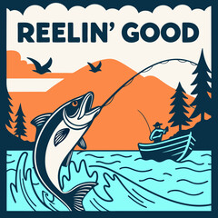 Reelin' Good: Retro Fishing Poster, Fisherman in Boat, Catching Large Fish