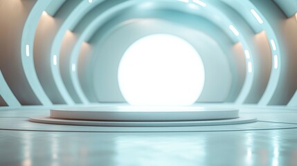 Obraz premium Blurred technology research background, with a small round stage in front, very low and front, simple white as the main color, with a little bit of light blue style, highly realistic, 4k 