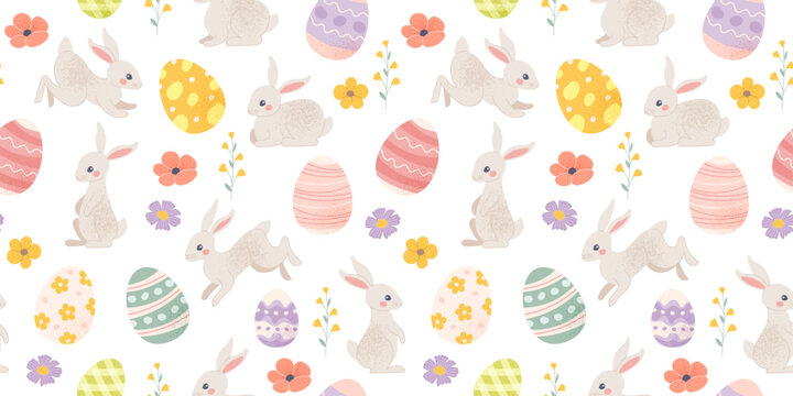 Easter pattern with colourful decorated eggs and bunnies. Vector background in pastel colours