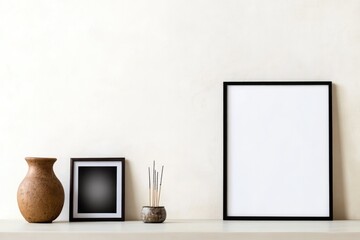 Minimalist arrangement showcases empty frames, ceramic vase, sty