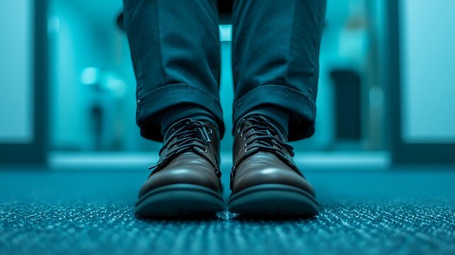A close-up view of a person's shoes, featuring polished brown leather boots, set against a blurred background with a cool blue tint. - Powered by Adobe