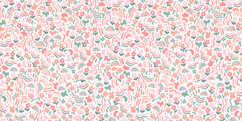 Cute hand drawn abstract seamless pattern with flowers and rainbows, great for textiles, wallpapers, wrapping - vector design