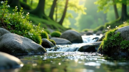 Serene Stream Flowing Through a Lush Green Forest Landscape with Sunlit Rocks and Delicate White Blossoms