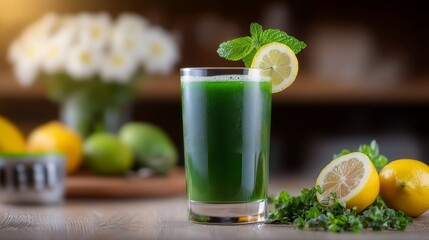 Fototapeta premium Green drink with a lemon slice on top is on a table. The drink is served in a clear glass