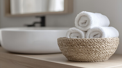 Fresh white rolled towels displayed in a woven basket by a modern sink, evoking cleanliness and spa appeal.