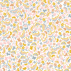 Cute hand drawn abstract seamless pattern with flowers and rainbows, great for textiles, wallpapers, wrapping - vector design