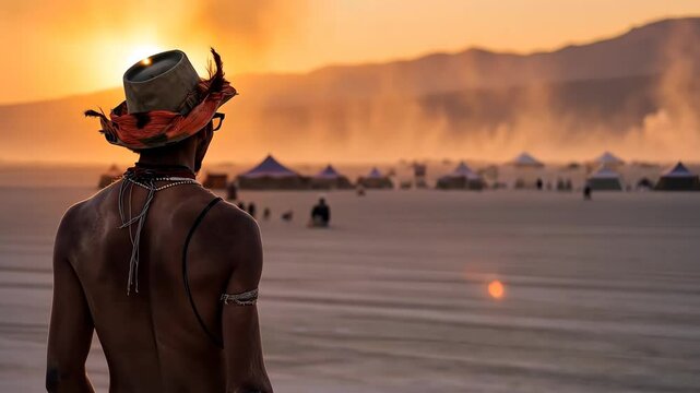 A man in a hat gazes toward the sunset at a desert festival. Concept of: The quest for meaning.
